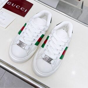 Gucci Women's Ace White Leather Sneaker with Green & Red Web